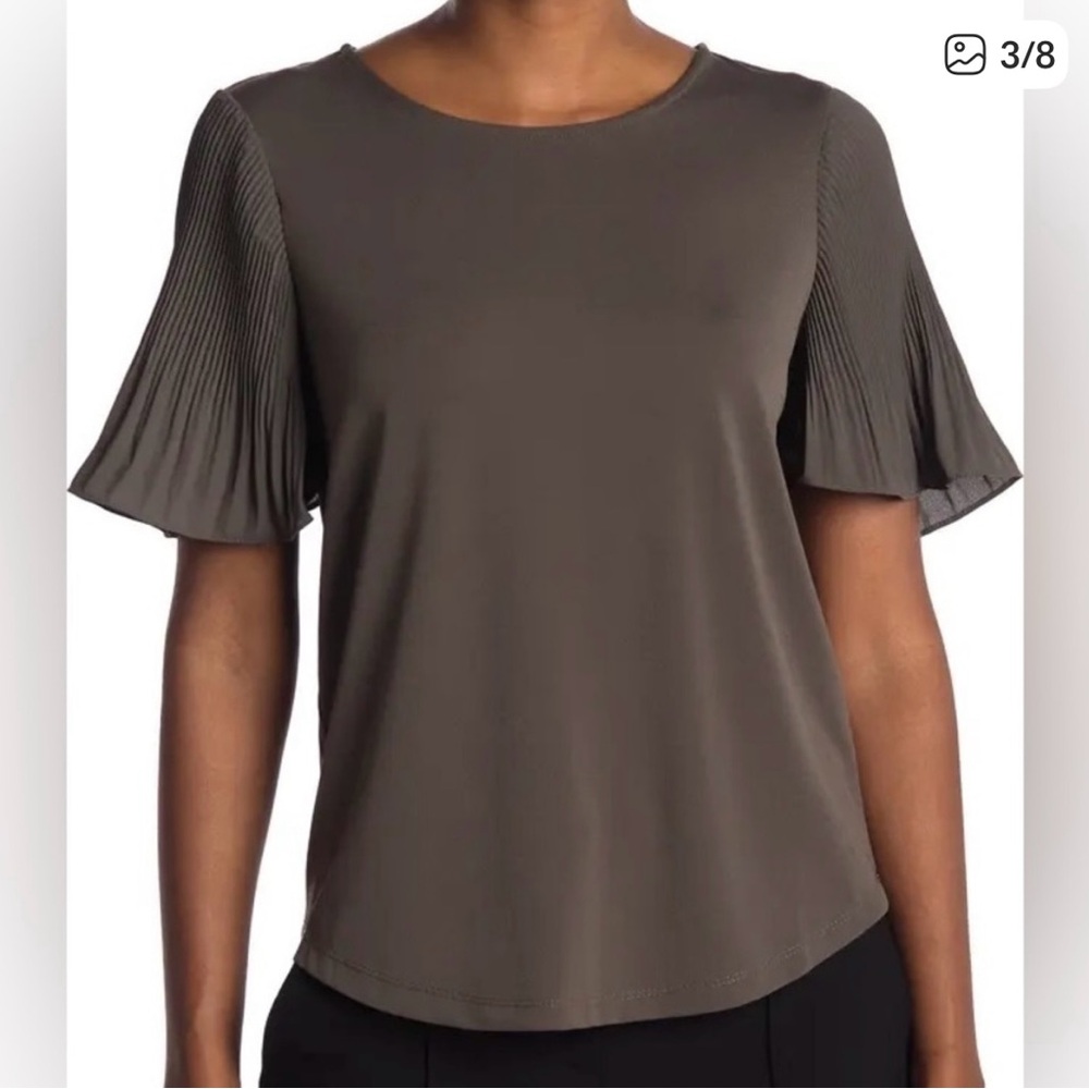 Adrianna Papell Pleated Blouse Womens Career Large Gray Keyhole Back Workwear